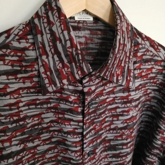 Hermes gray red horse pattern mens fall winter shirts wool silk. - Picture 2 of 14